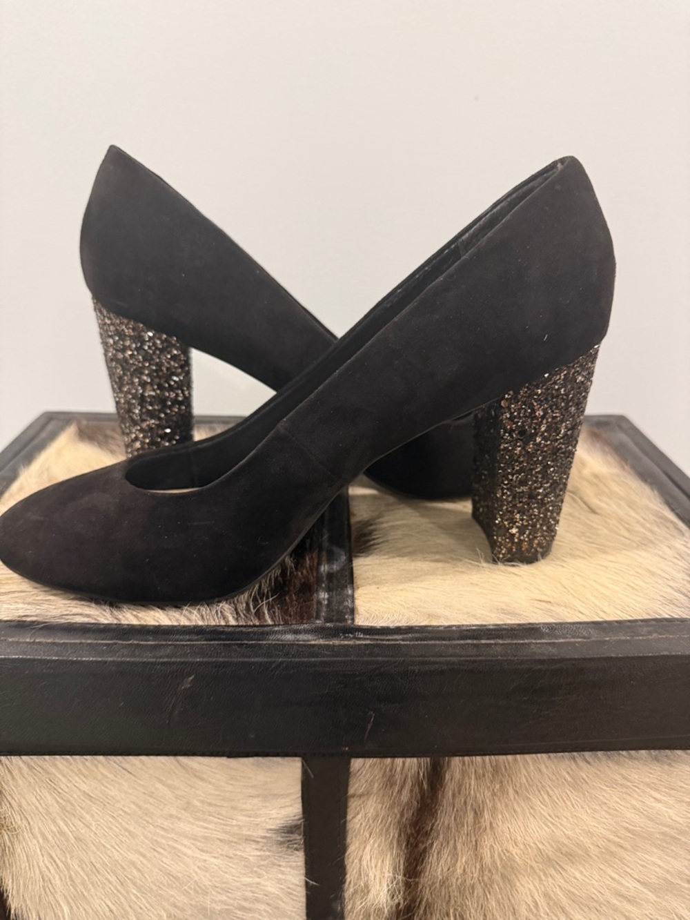 Fergalicious Black Suede Pumps with Glitter Block Heels